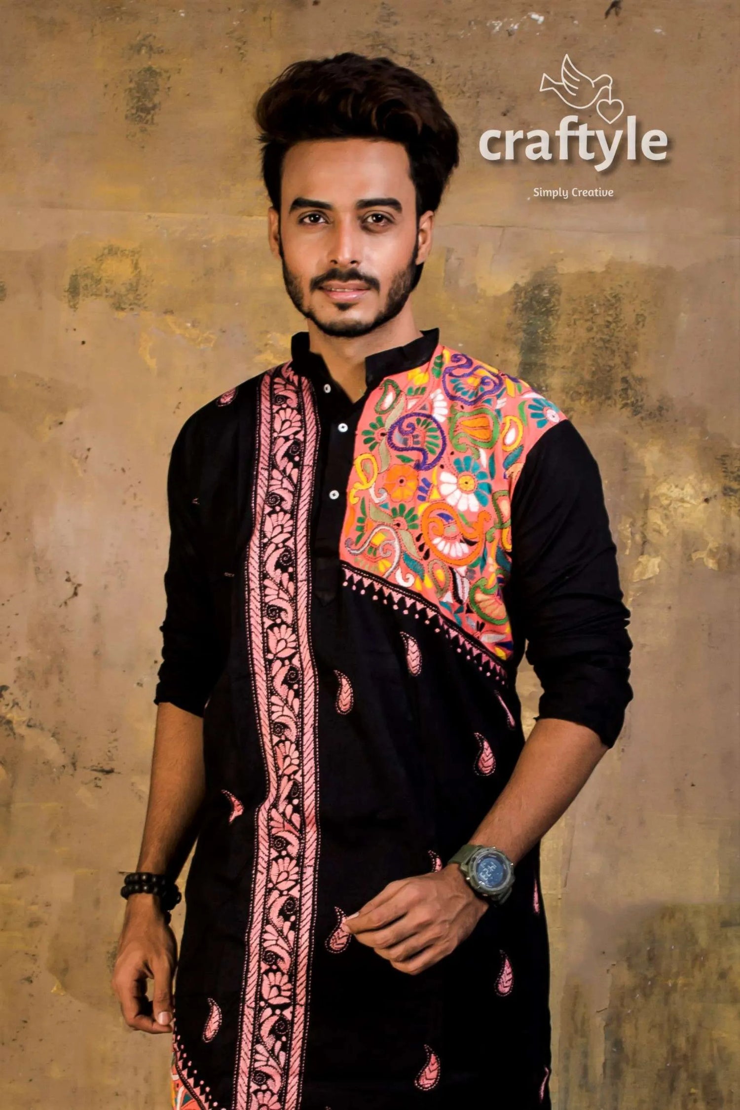 Hand embroidered kantha stitch cotton panjabi | mens kurta black vibrant orange pink 2