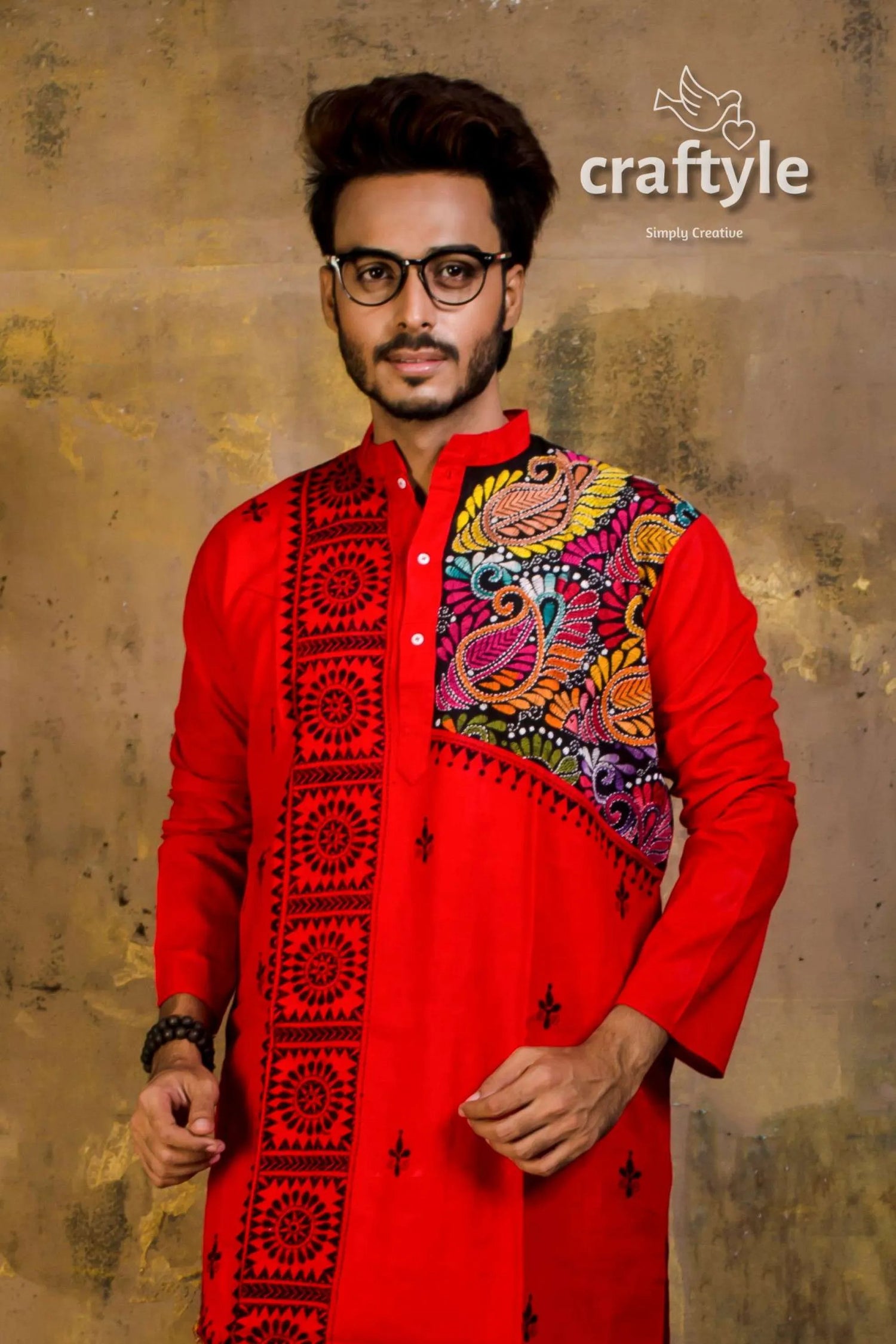 Hand embroidered kantha stitch cotton panjabi | mens kurta vibrant red traditional intricate 3