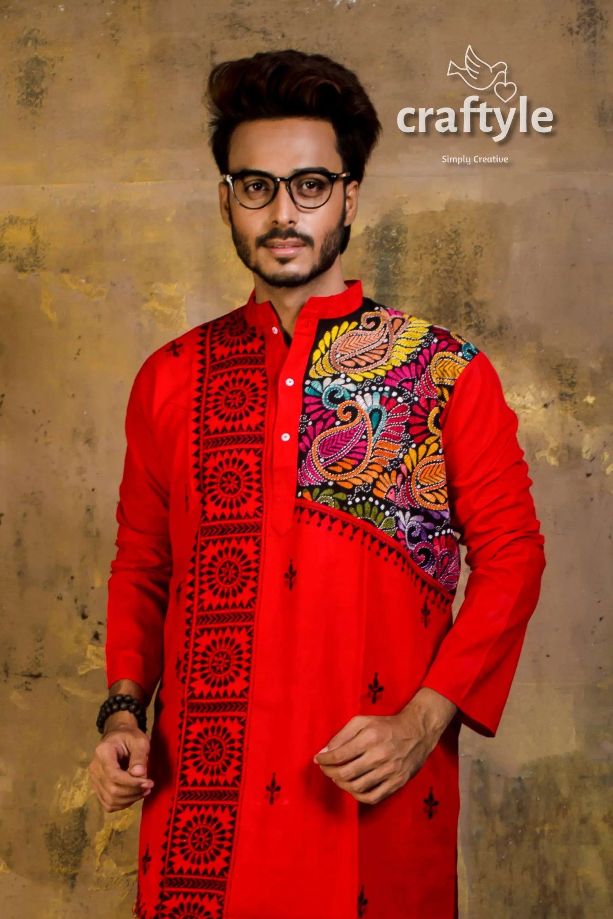 Hand embroidered kantha stitch cotton panjabi | mens kurta vibrant red traditional intricate 3