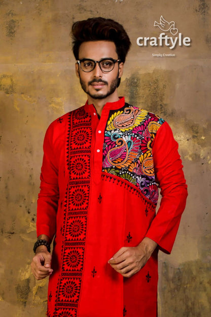 Hand embroidered kantha stitch cotton panjabi | mens kurta vibrant red traditional intricate 3