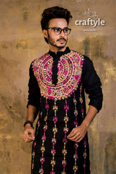 Hand embroidered kantha stitch cotton panjabi | mens kurta black intricate pink gold 2