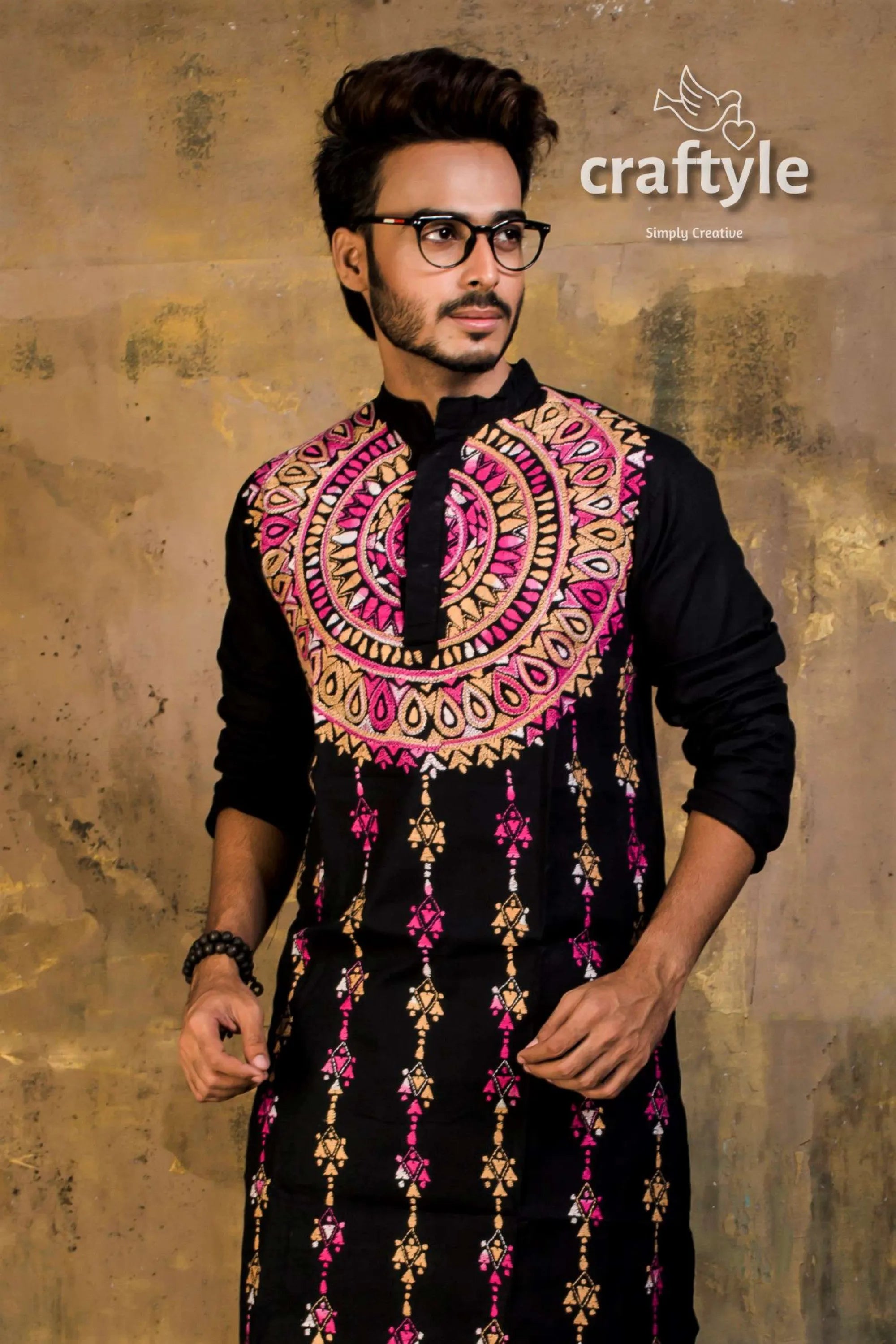 Hand embroidered kantha stitch cotton panjabi | mens kurta black intricate pink gold 2