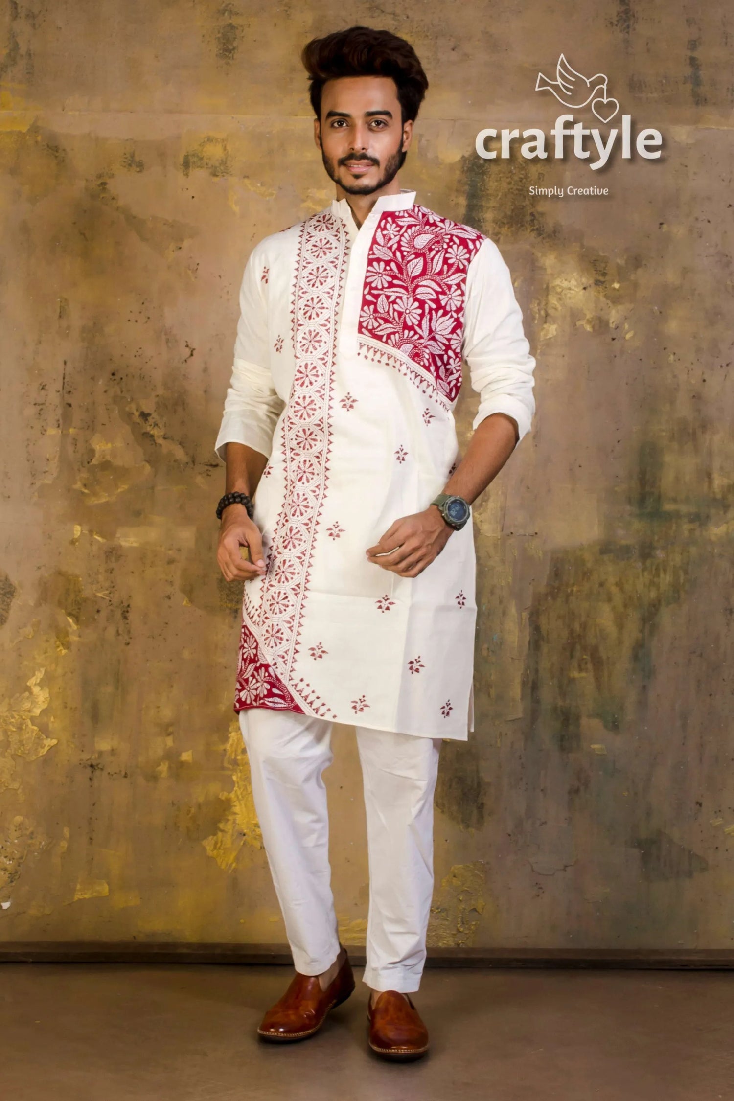 Hand embroidered kantha stitch cotton panjabi | mens kurta white intricate red floral 2