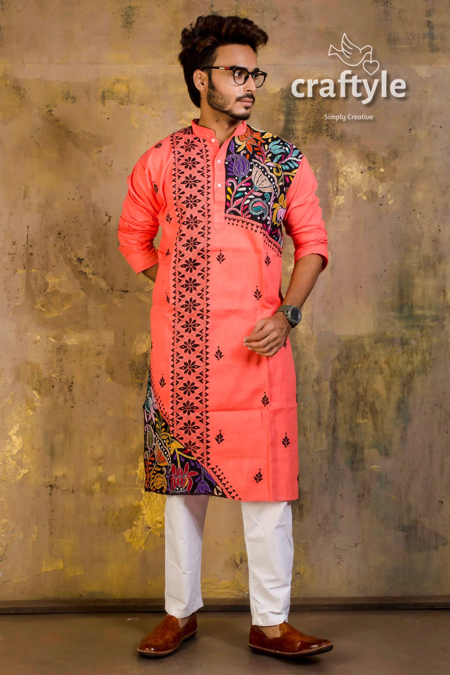 Hand embroidered kantha stitch cotton panjabi | mens kurta vibrant coral-colored intricate black 1