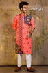 Hand embroidered kantha stitch cotton panjabi | mens kurta vibrant coral-colored intricate black 1