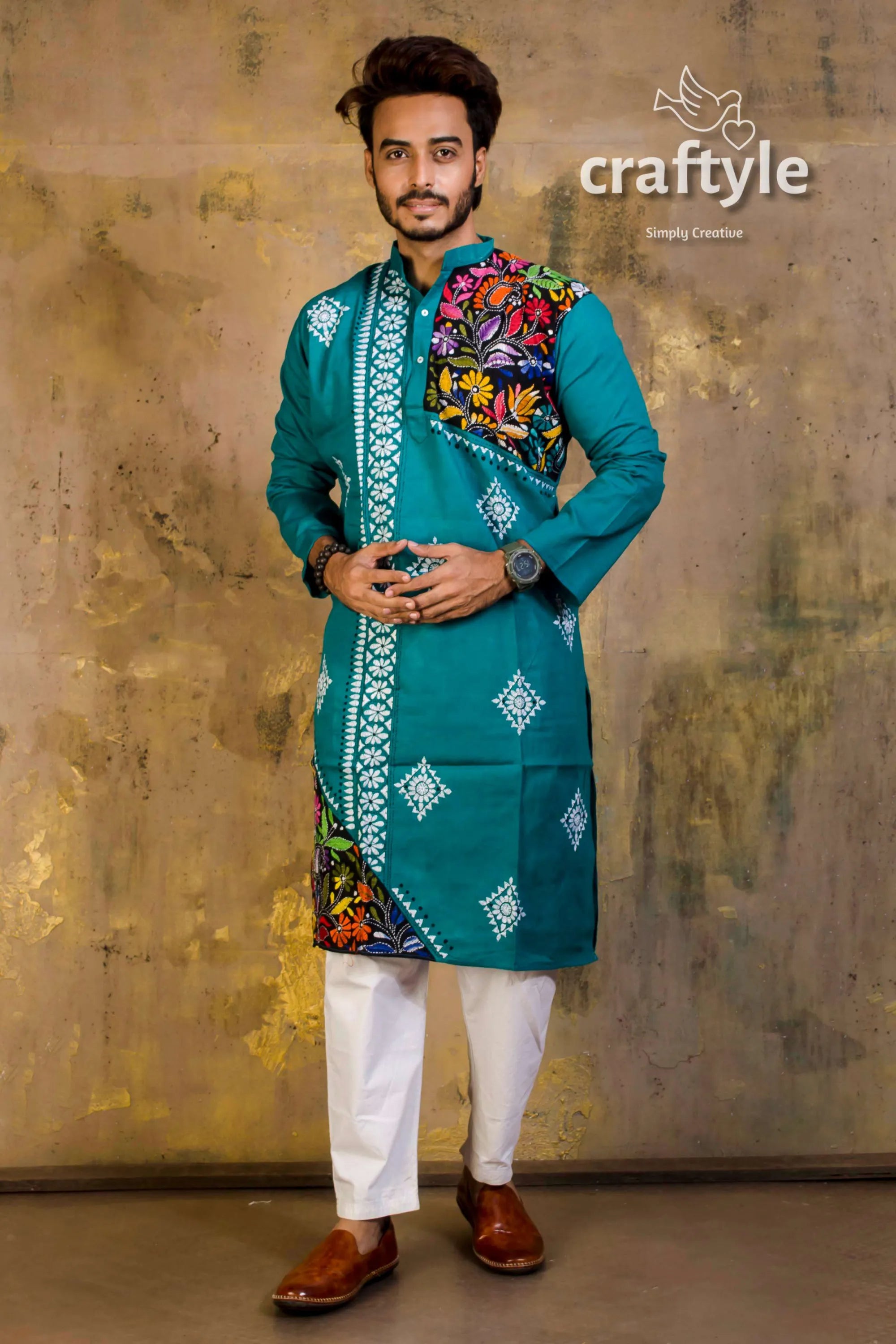 Hand embroidered kantha stitch cotton panjabi | mens kurta teal-colored vibrant floral 4