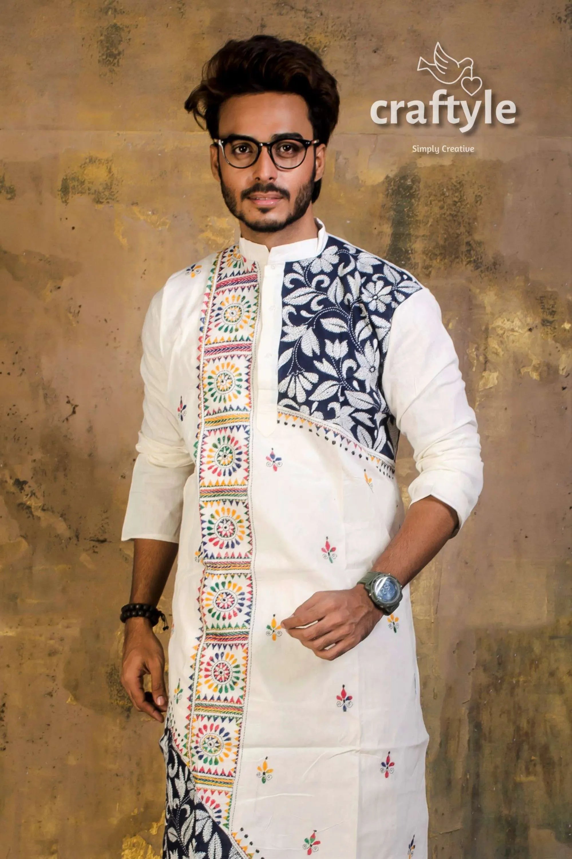 Hand embroidered kantha stitch cotton panjabi | mens kurta white intricate multicolored 3