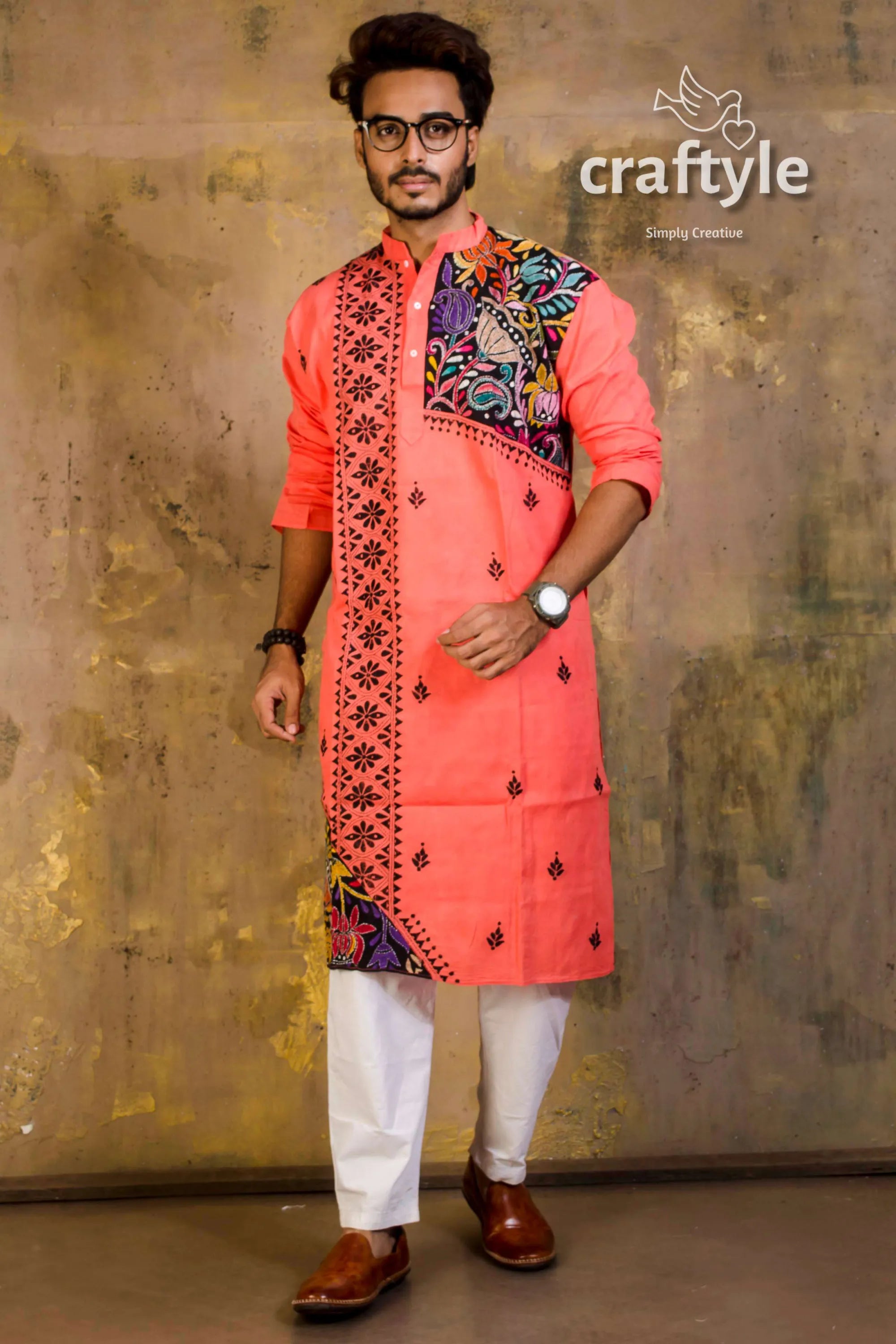 Hand embroidered kantha stitch cotton panjabi | mens kurta vibrant coral-colored intricate black 2