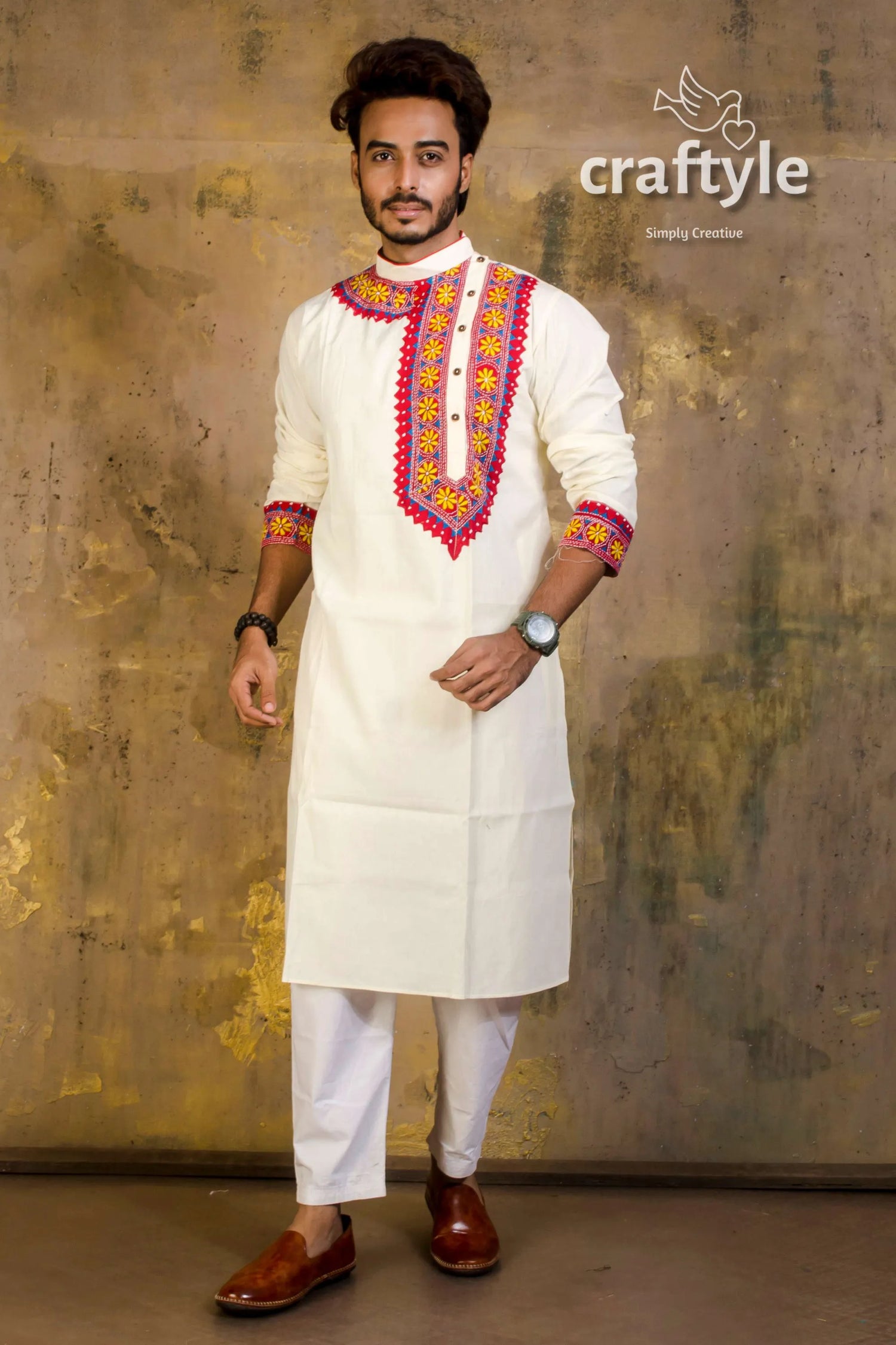 Hand embroidered kantha stitch cotton panjabi | mens kurta white vibrant red 1