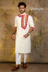 Hand embroidered kantha stitch cotton panjabi | mens kurta white vibrant red 1