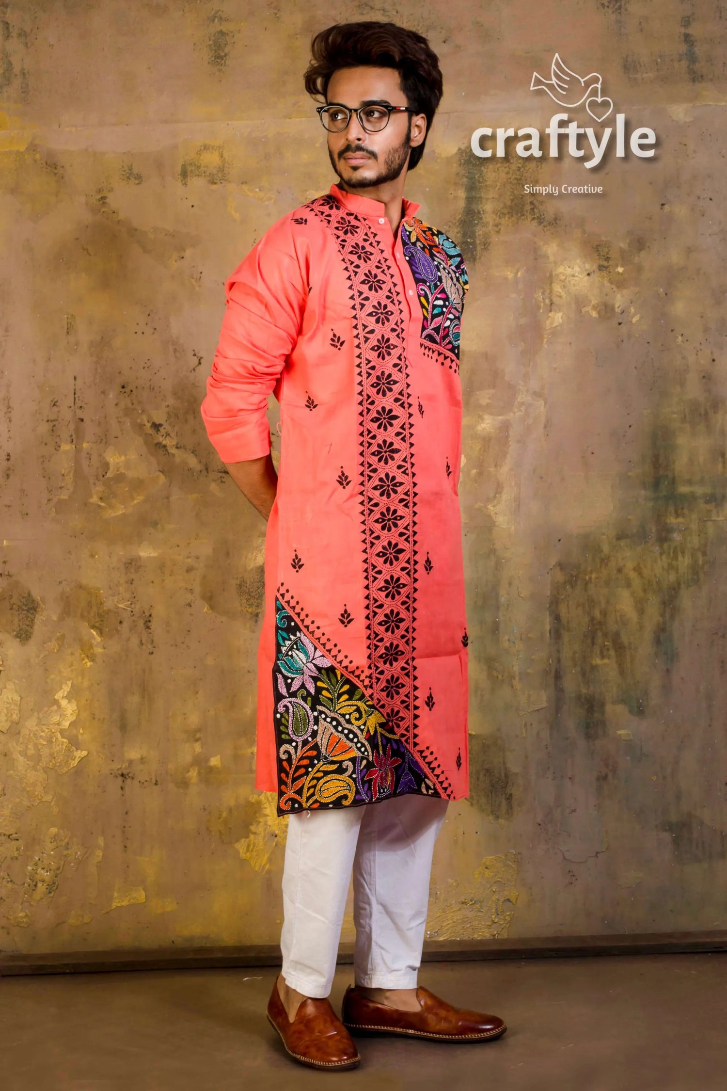 Hand embroidered kantha stitch cotton panjabi | mens kurta vibrant coral-colored intricate black 3