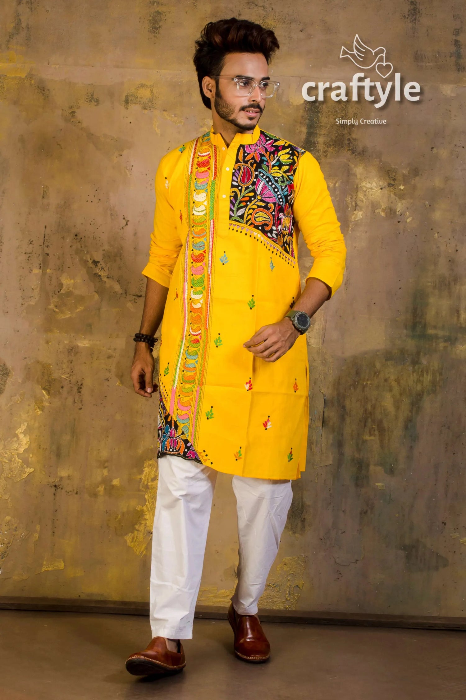 Hand embroidered kantha stitch cotton panjabi | mens kurta vibrant yellow colorful 3