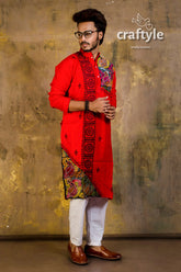 Hand embroidered kantha stitch cotton panjabi | mens kurta vibrant red intricate 1