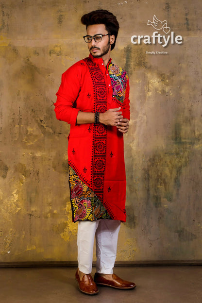 Hand embroidered kantha stitch cotton panjabi | mens kurta vibrant red intricate 1
