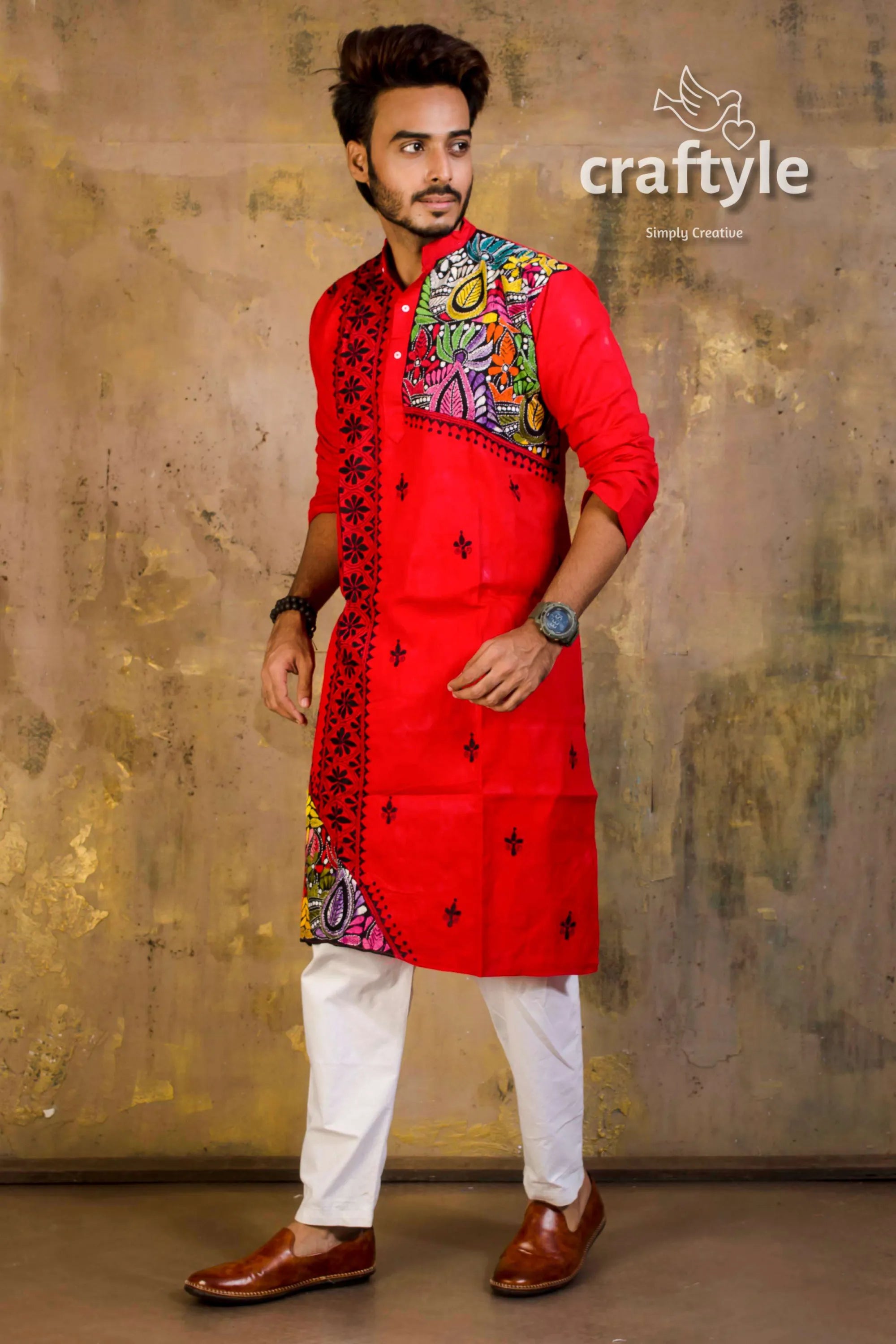 Hand embroidered kantha stitch cotton panjabi | mens kurta vibrant red colorful 3