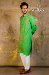 Hand embroidered kantha stitch cotton panjabi | mens kurta vibrant green intricate 2