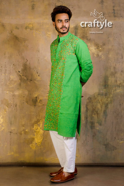 Hand embroidered kantha stitch cotton panjabi | mens kurta vibrant green intricate 2
