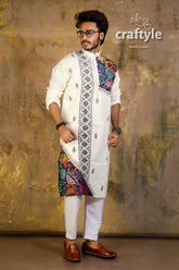 Hand embroidered kantha stitch cotton panjabi | mens kurta white vibrant colorful 2