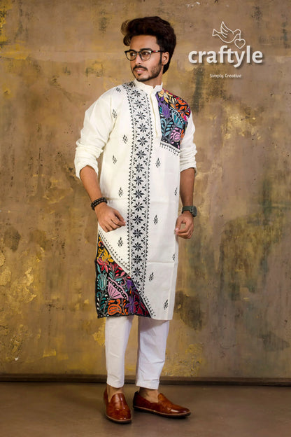 Hand embroidered kantha stitch cotton panjabi | mens kurta white vibrant colorful 2