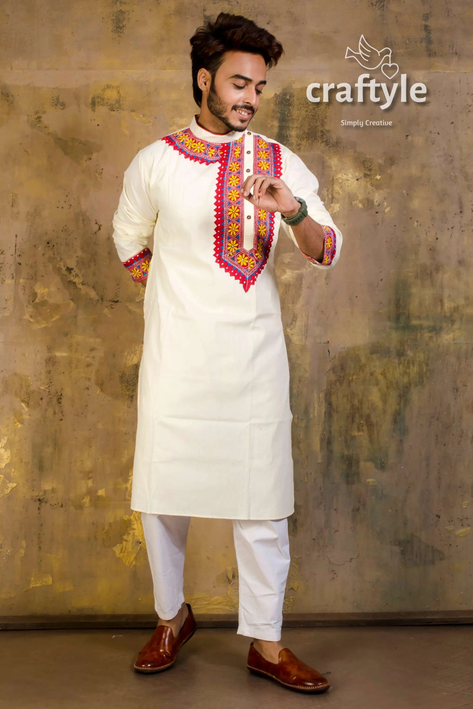 Hand embroidered kantha stitch cotton panjabi | mens kurta white vibrant red yellow 2