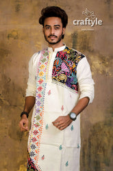Hand embroidered kantha stitch cotton panjabi | mens kurta white vibrant colorful 3