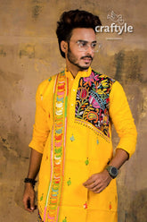 Hand embroidered kantha stitch cotton panjabi | mens kurta bright yellow traditional intricate 2