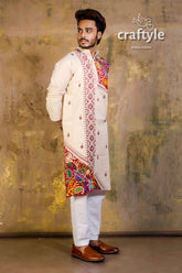 Hand embroidered kantha stitch cotton panjabi | mens kurta man cream-colored vibrant 1