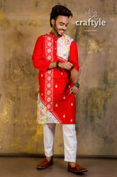 Hand embroidered kantha stitch cotton panjabi | mens kurta vibrant red intricate 1