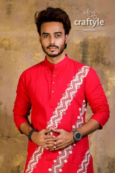 Hand embroidered kantha stitch cotton panjabi | mens kurta vibrant red intricate 2