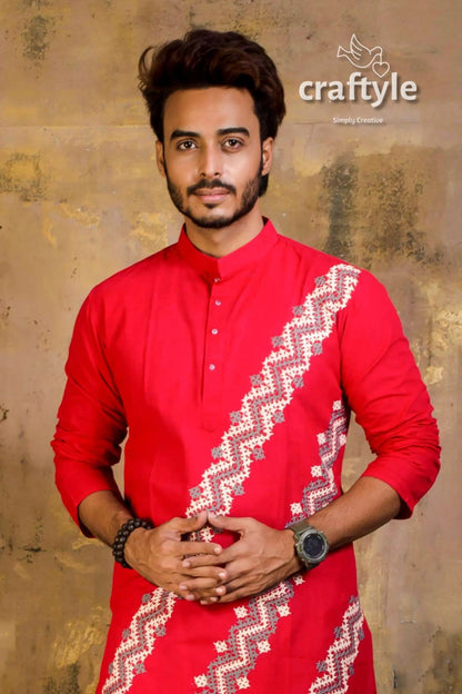 Hand embroidered kantha stitch cotton panjabi | mens kurta vibrant red intricate 2