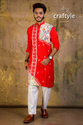 Hand embroidered kantha stitch cotton panjabi | mens kurta red intricate paisley 1