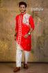 Hand embroidered kantha stitch cotton panjabi | mens kurta red intricate paisley 1