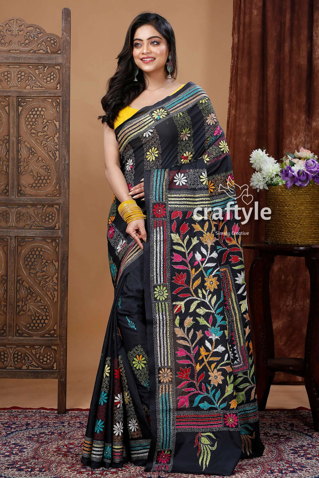 Hand-embroidered kantha stitch saree - multi-thread soft silk black saree colorful floral embroidery 1
