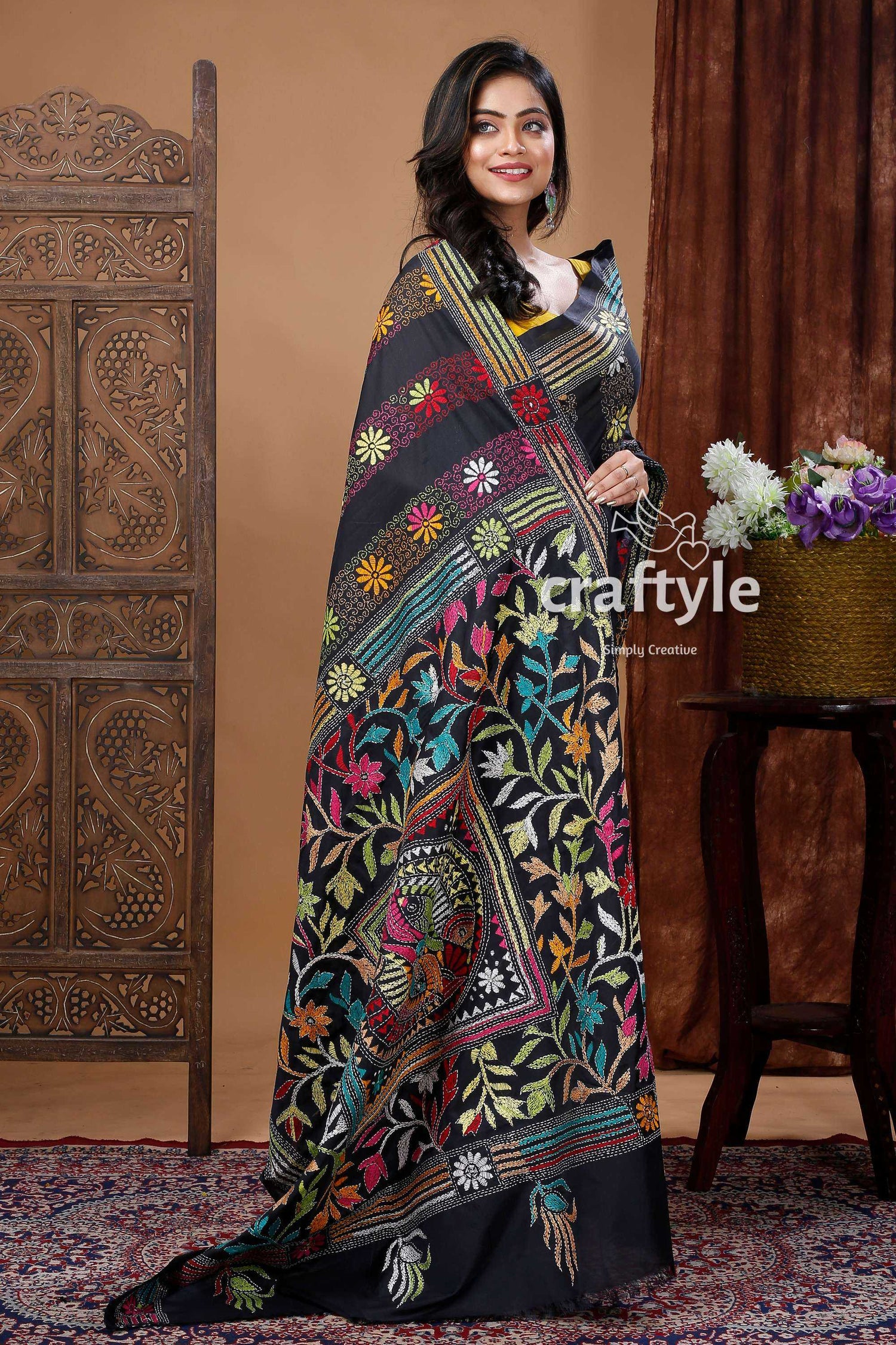 Hand-Embroidered Kantha Stitch Saree - Multi-Thread Soft Silk Saree-Craftyle