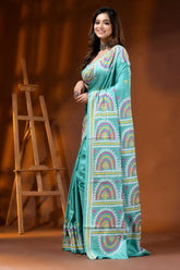 Hand embroidered kutch work saree silk ethnic motifs in light sea green 3