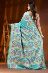 Hand embroidered kutch work saree silk ethnic motifs in light sea green 4