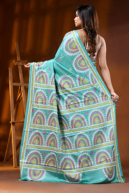 Hand embroidered kutch work saree silk ethnic motifs in light sea green 4