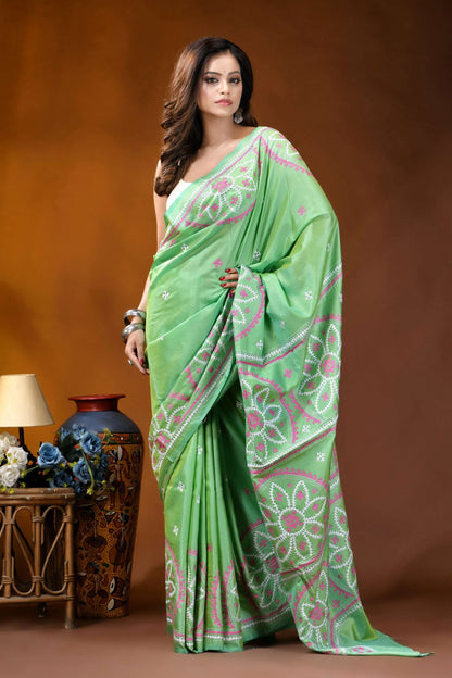 Hand embroidered light green silk kutch work saree - floral design vibrant green saree adorned intricate 4
