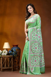Hand embroidered light green silk kutch work saree - floral design vibrant green saree adorned intricate 3