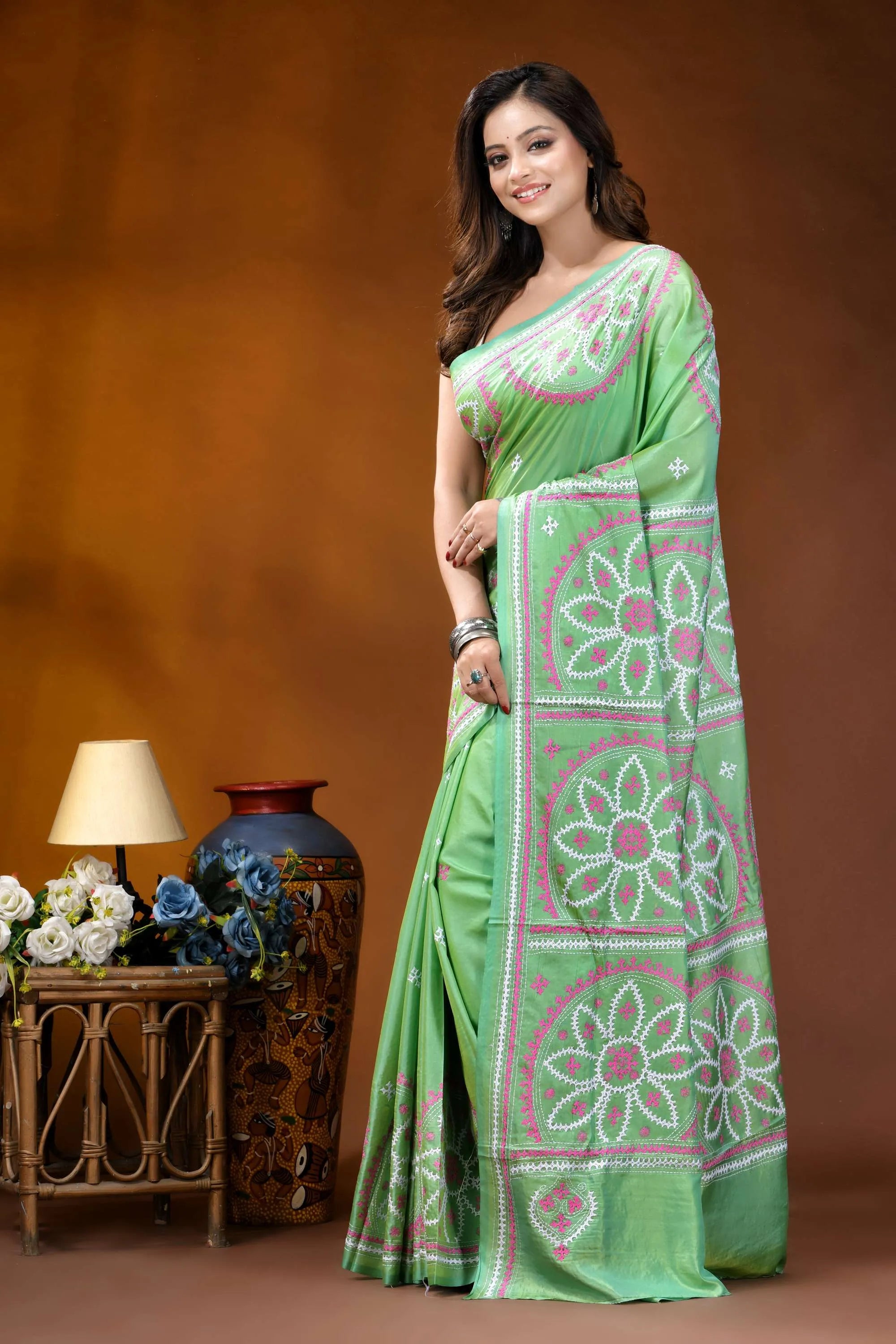 Hand embroidered light green silk kutch work saree - floral design vibrant green saree adorned intricate 3