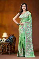 Hand embroidered light green silk kutch work saree - floral design vibrant green saree adorned intricate 1