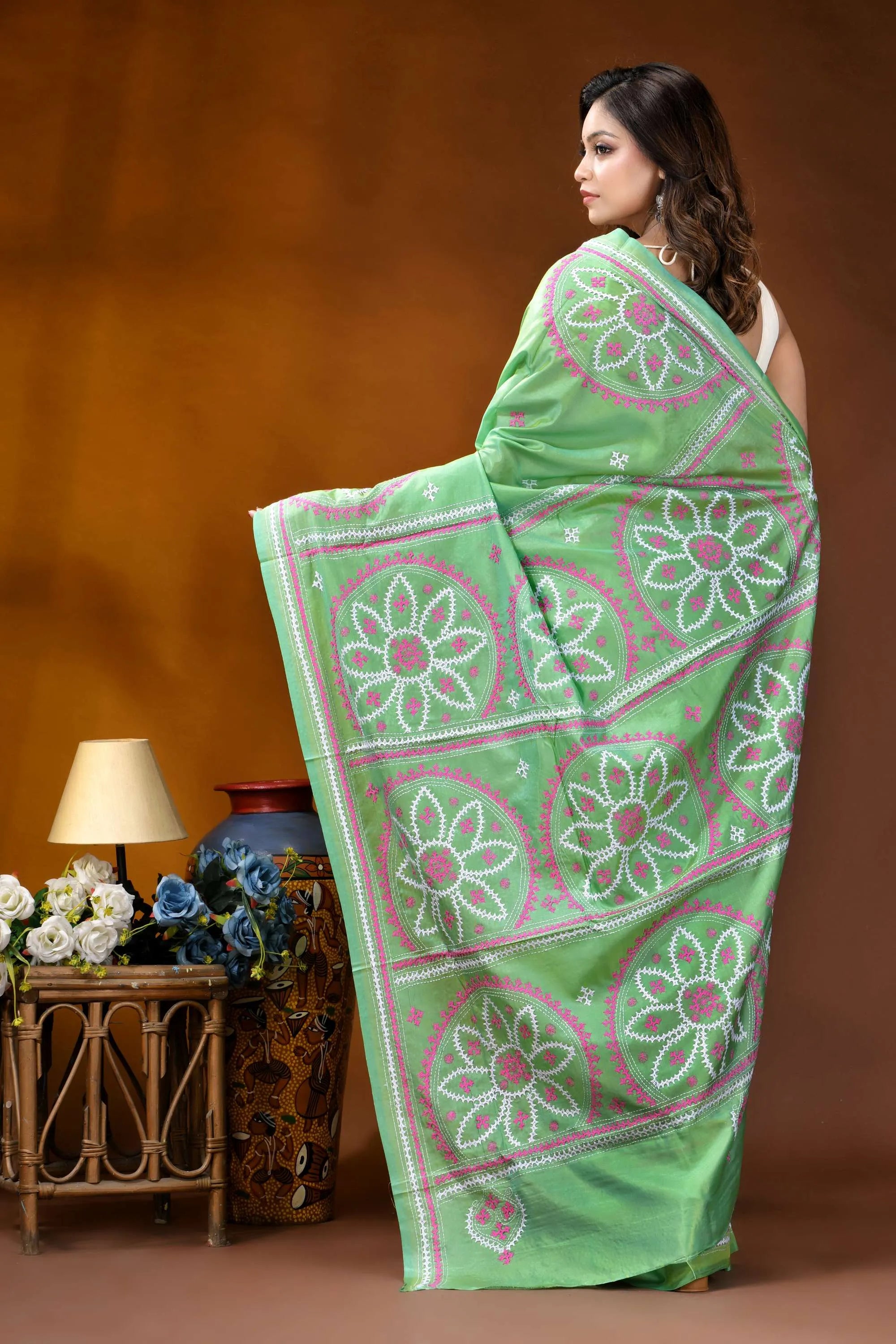 Hand embroidered light green silk kutch work saree - floral design vibrant green saree adorned intricate 5