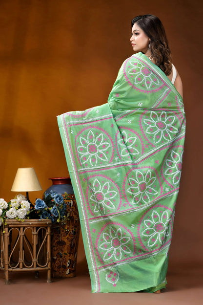 Hand embroidered light green silk kutch work saree - floral design vibrant green saree adorned intricate 5