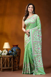 Hand embroidered light green silk kutch work saree - floral design vibrant green saree adorned intricate 6