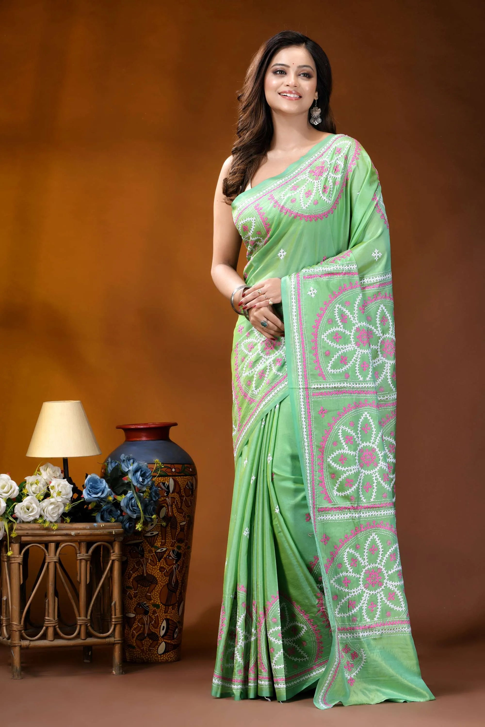Hand embroidered light green silk kutch work saree - floral design vibrant green saree adorned intricate 6