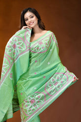 Hand embroidered light green silk kutch work saree - floral design vibrant light green saree adorned 2
