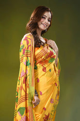 Hand embroidered lotus motif golden yellow silk kantha saree 2
