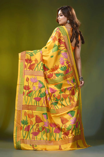 Hand embroidered lotus motif golden yellow silk kantha saree 5
