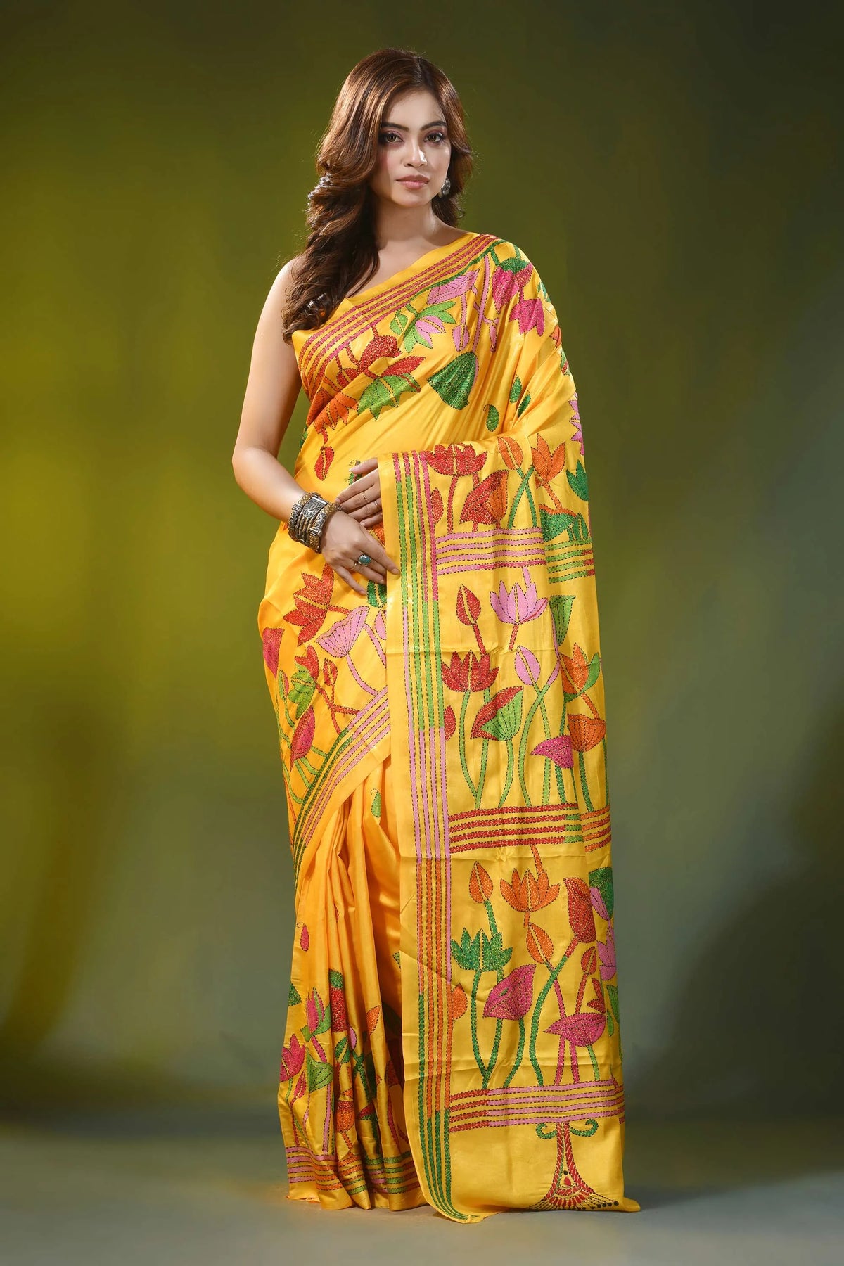 Hand embroidered lotus motif golden yellow silk kantha saree 1