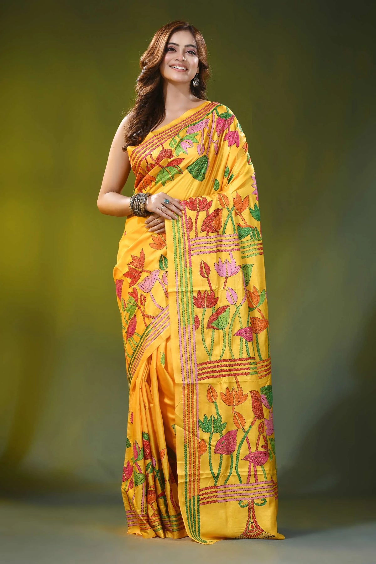 Hand embroidered lotus motif golden yellow silk kantha saree 6